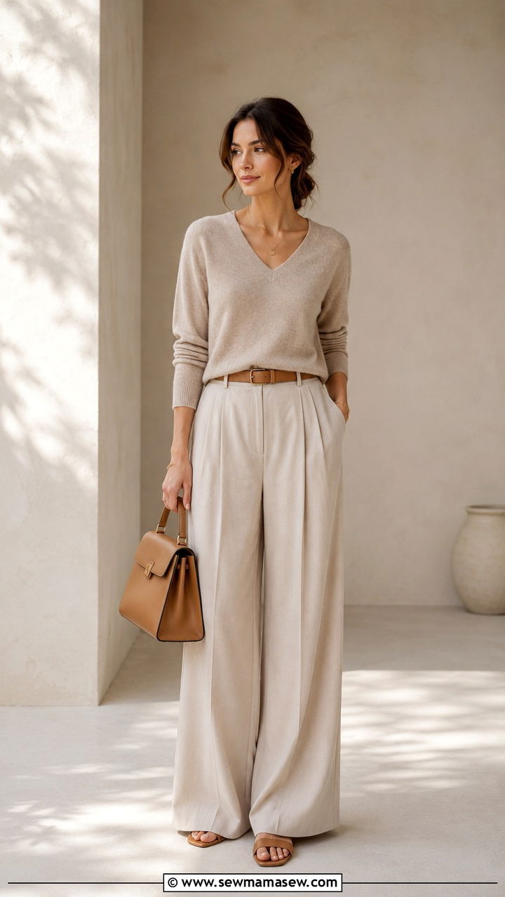 Tonal beige outfit with camel accessories - 25 Quiet luxury outfit ideas for women over 40