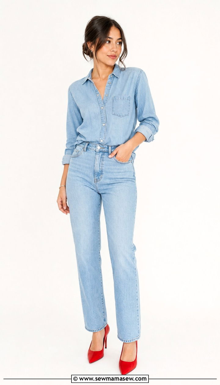 Tonal denim set with bold colored shoes - 25 Double denim outfit ideas petite
