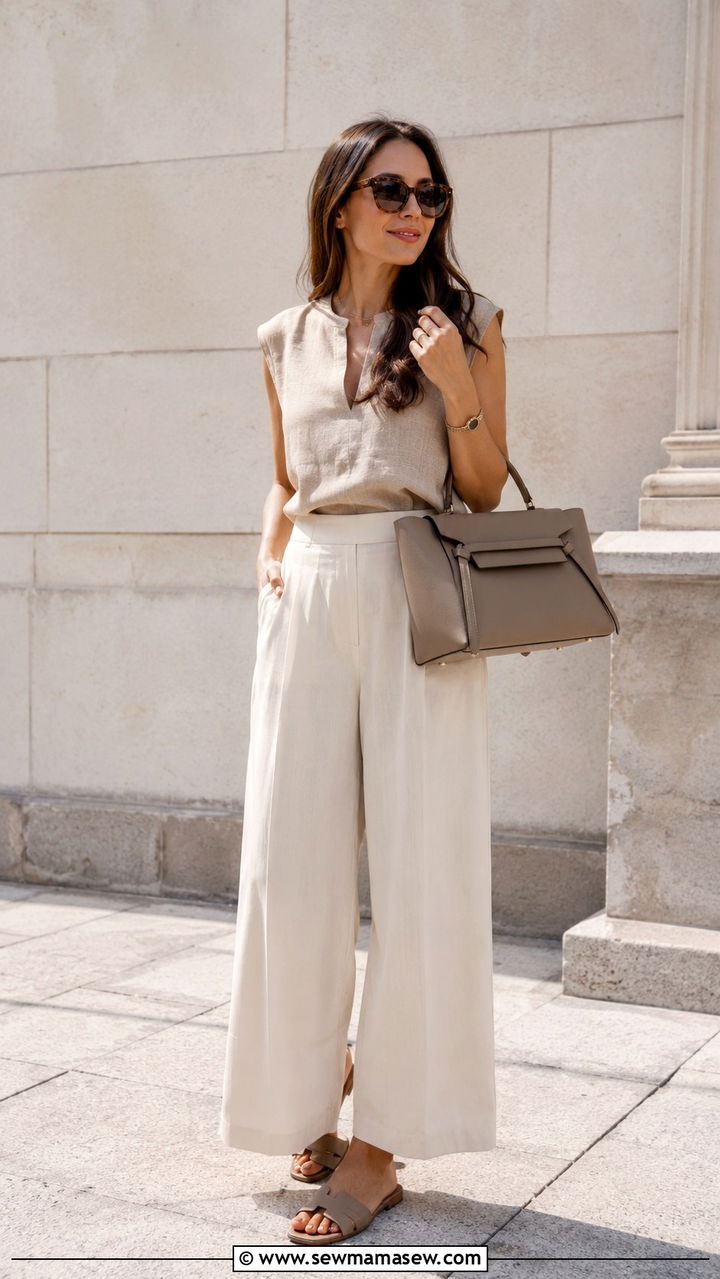 Tonal neutral outfit with slide sandals - 20 spring outfits with slide sandals