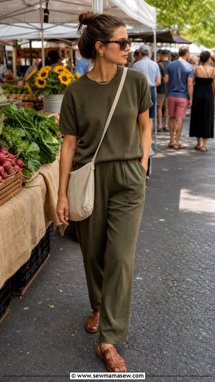 Tonal olive set and fisherman sandals - 40 Spring shopping outfit ideas