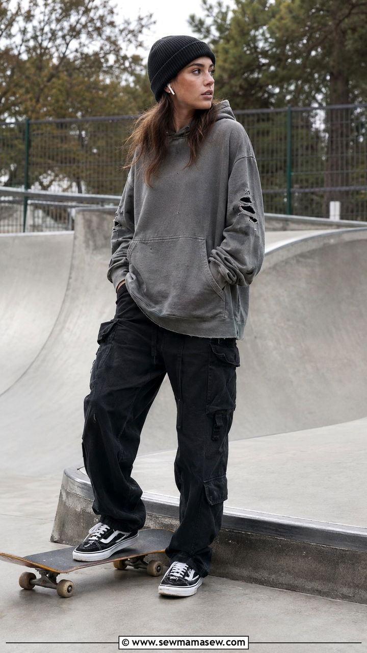 Torn Hoodie With Cargo Pants and Vans Sneakers - 30 grunge outfits aesthetic