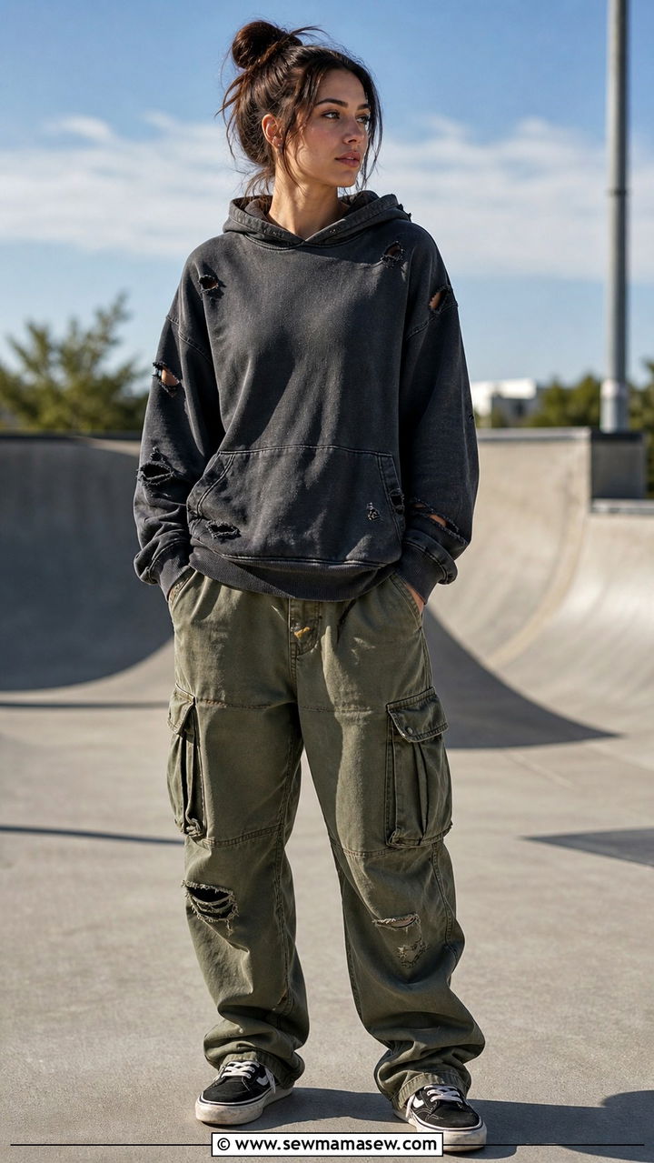 Torn Hoodie and Cargo Pants Grunge Look - 40 grunge outfits for women
