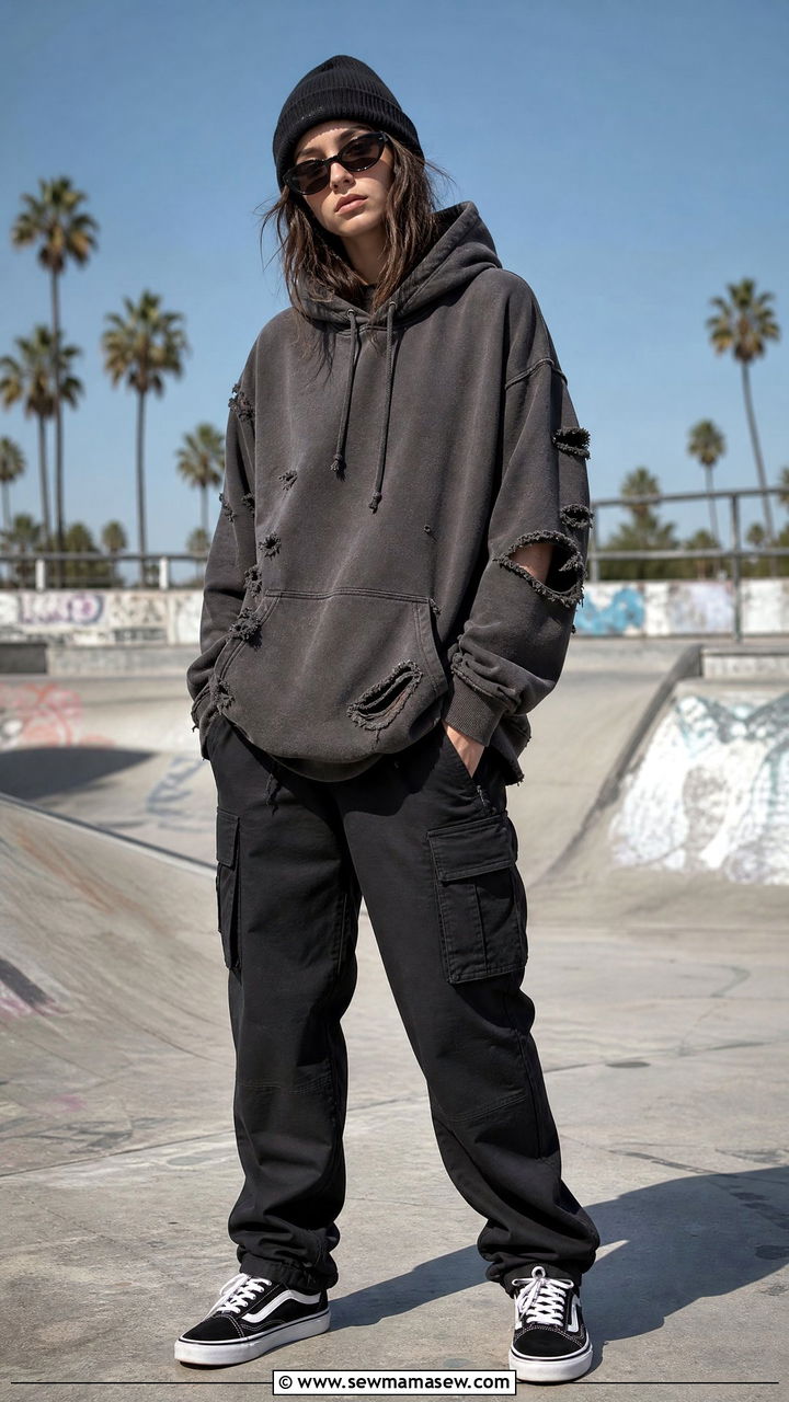 Torn Hoodie with Cargo Pants and Classic Vans - 35 grunge outfit ideas for women