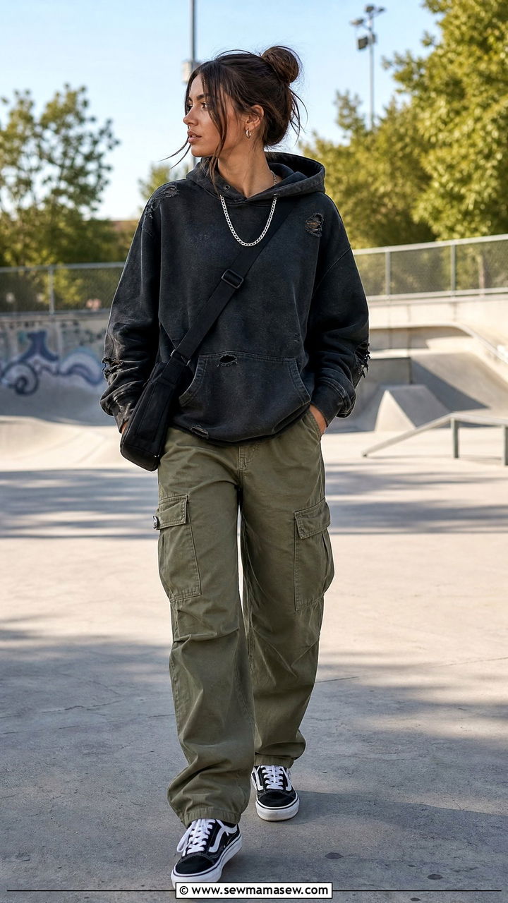 Torn Hoodie with Cargo Pants and Vans - 30 summer grunge outfits