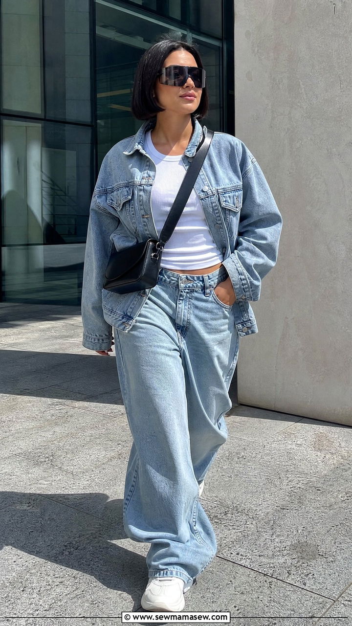 Total Denim Look With Shield Sunglasses - 30 streetwear outfits 2026