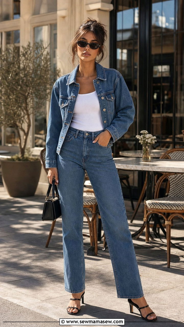 Total Denim on Denim Outfit with Heeled Sandals - 25 spring 90s outfit ideas