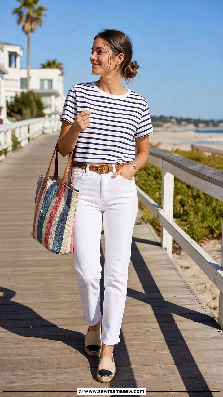 Tote bag with a striped tee and white jeans - 25 How to style a tote bag