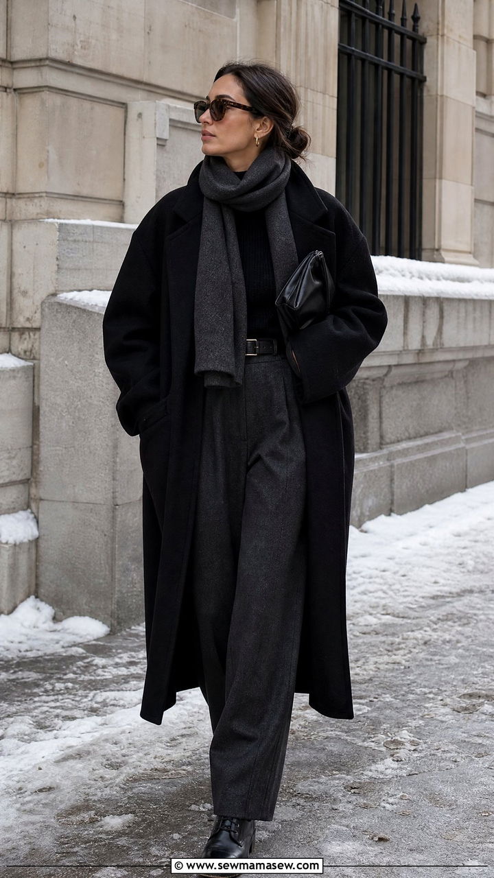 Toteme Black Wool Coat With Wide Trousers - 25 Quiet luxury outfit ideas Toteme style