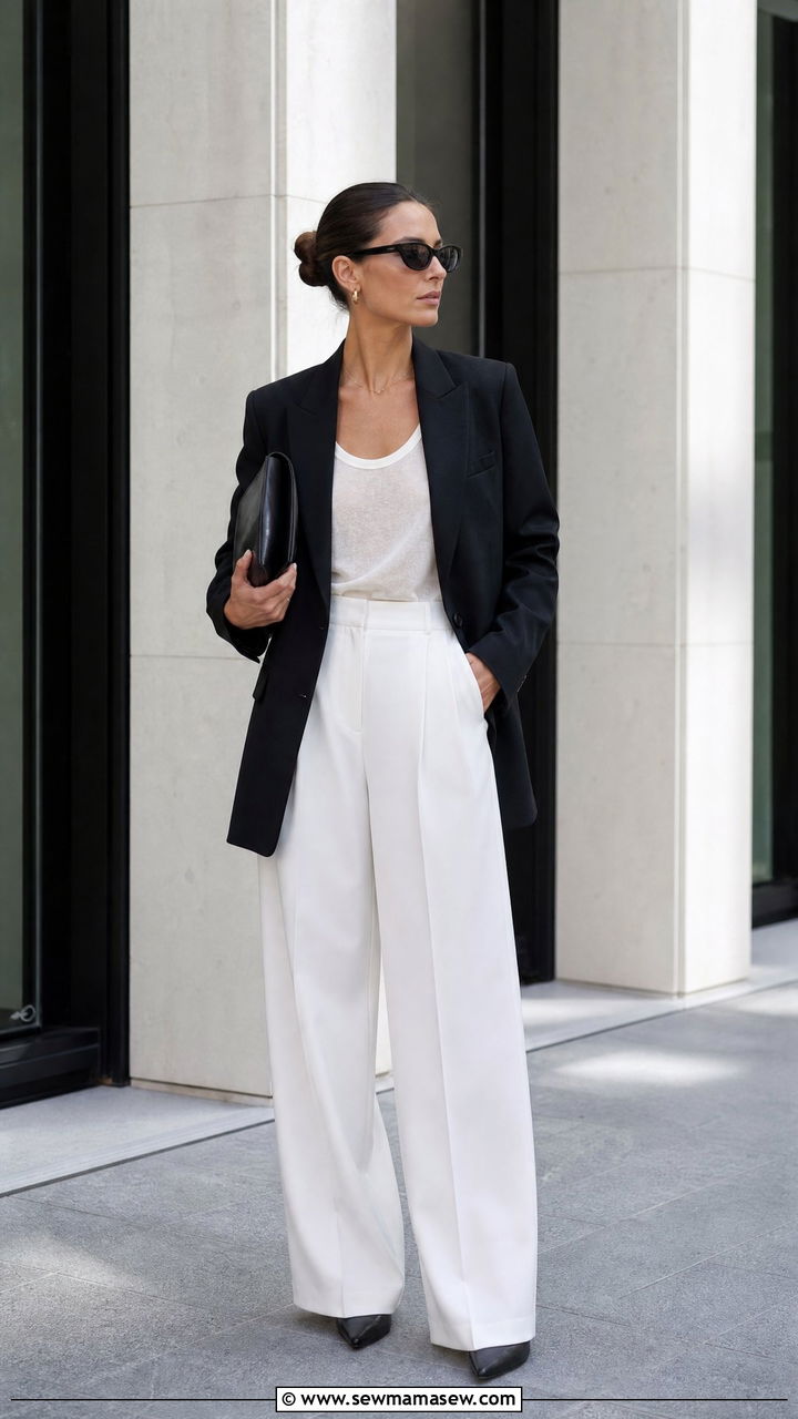 Toteme Blazer With White Wide Leg Pants - 25 Quiet luxury outfit ideas Toteme style