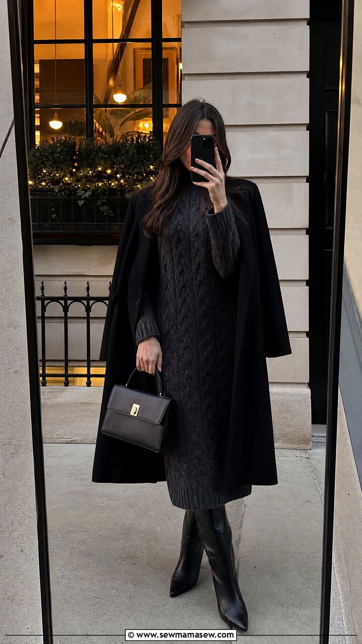 Toteme Knit Midi Dress With Knee Boots - 25 Quiet luxury outfit ideas Toteme style