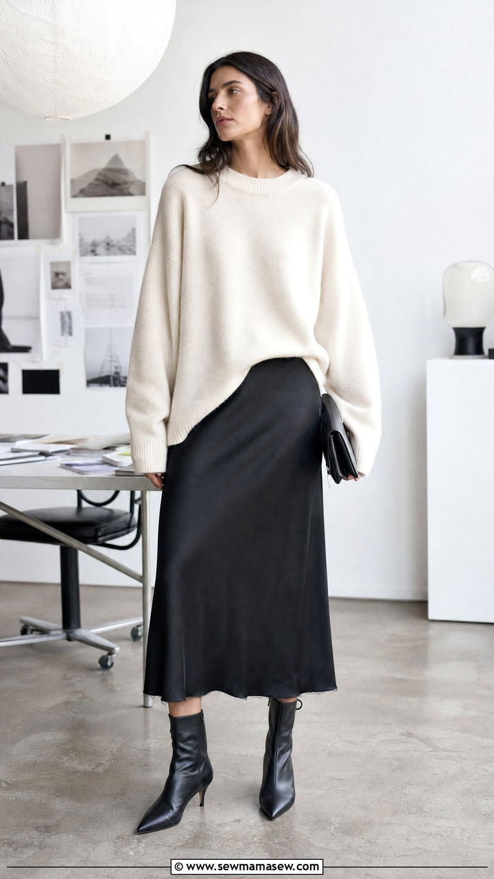 Toteme Satin Midi Skirt With Knit Sweater - 25 Quiet luxury outfit ideas Toteme style