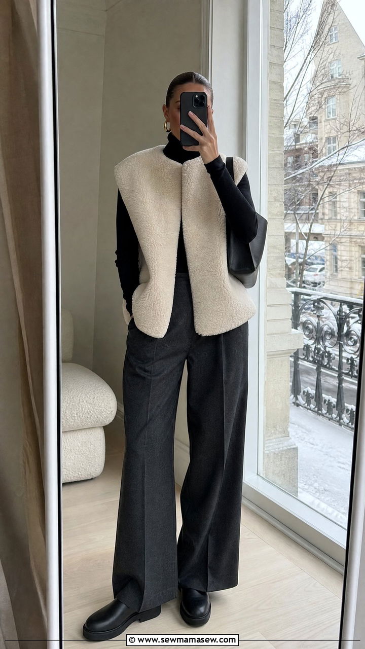 Toteme Shearling Vest Layered Outfit - 25 Quiet luxury outfit ideas Toteme style