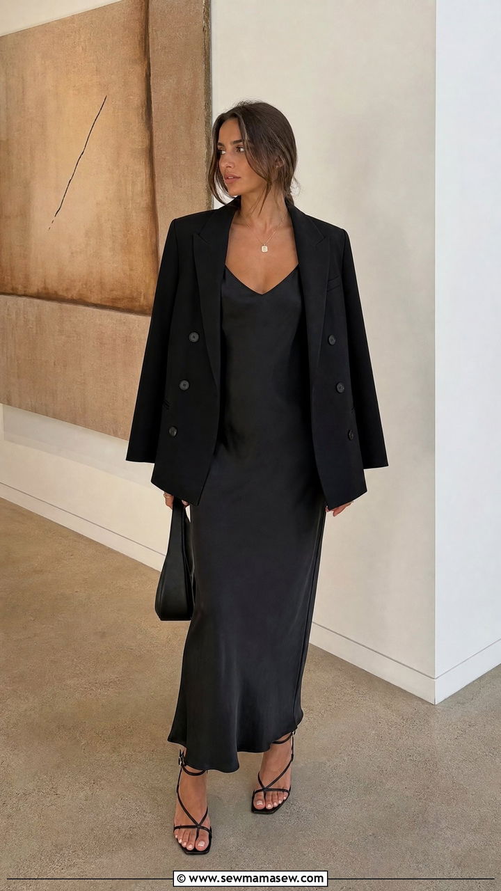 Toteme Silk Slip Dress With Blazer - 25 Quiet luxury outfit ideas Toteme style
