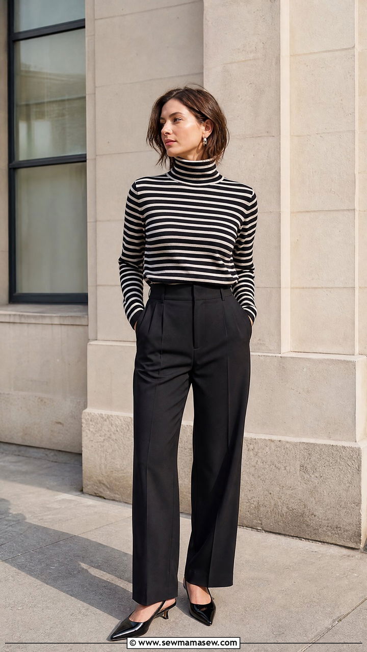 Toteme Striped Turtleneck With Tailored Pants - 25 Quiet luxury outfit ideas Toteme style