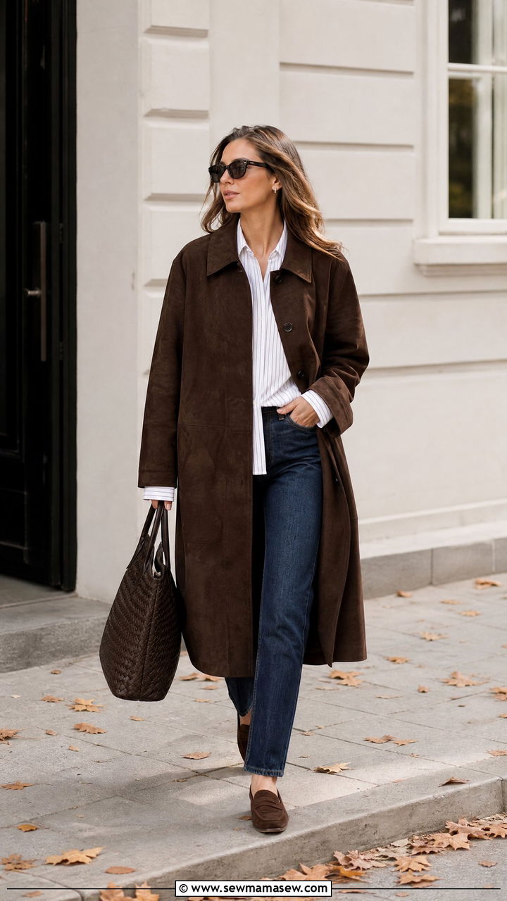 Toteme Suede Coat With Straight Leg Jeans - 25 Quiet luxury outfit ideas Toteme style