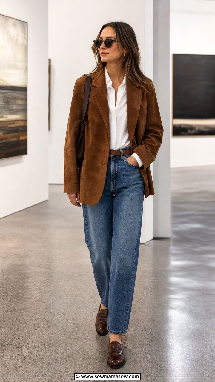 Toteme Suede Jacket With Denim Jeans - 25 Quiet luxury outfit ideas Toteme style