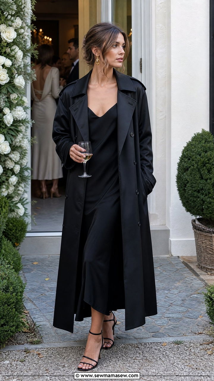 Toteme Trench Coat Over Slip Dress - 25 Quiet luxury outfit ideas Toteme style