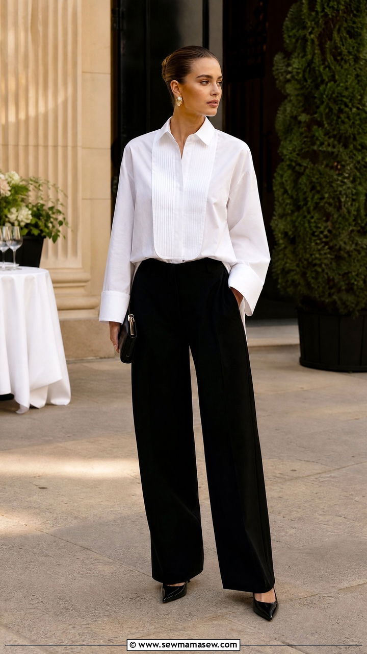 Toteme Tuxedo Shirt With Wide Leg Trousers - 25 Quiet luxury outfit ideas Toteme style