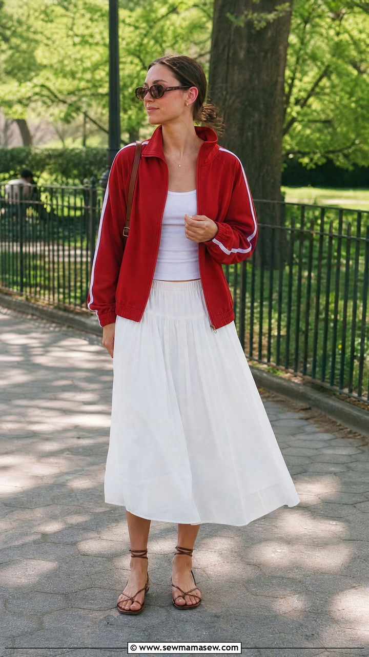 Track Jacket With White Midi Skirt and Strappy Sandals - 30 Late spring outfits