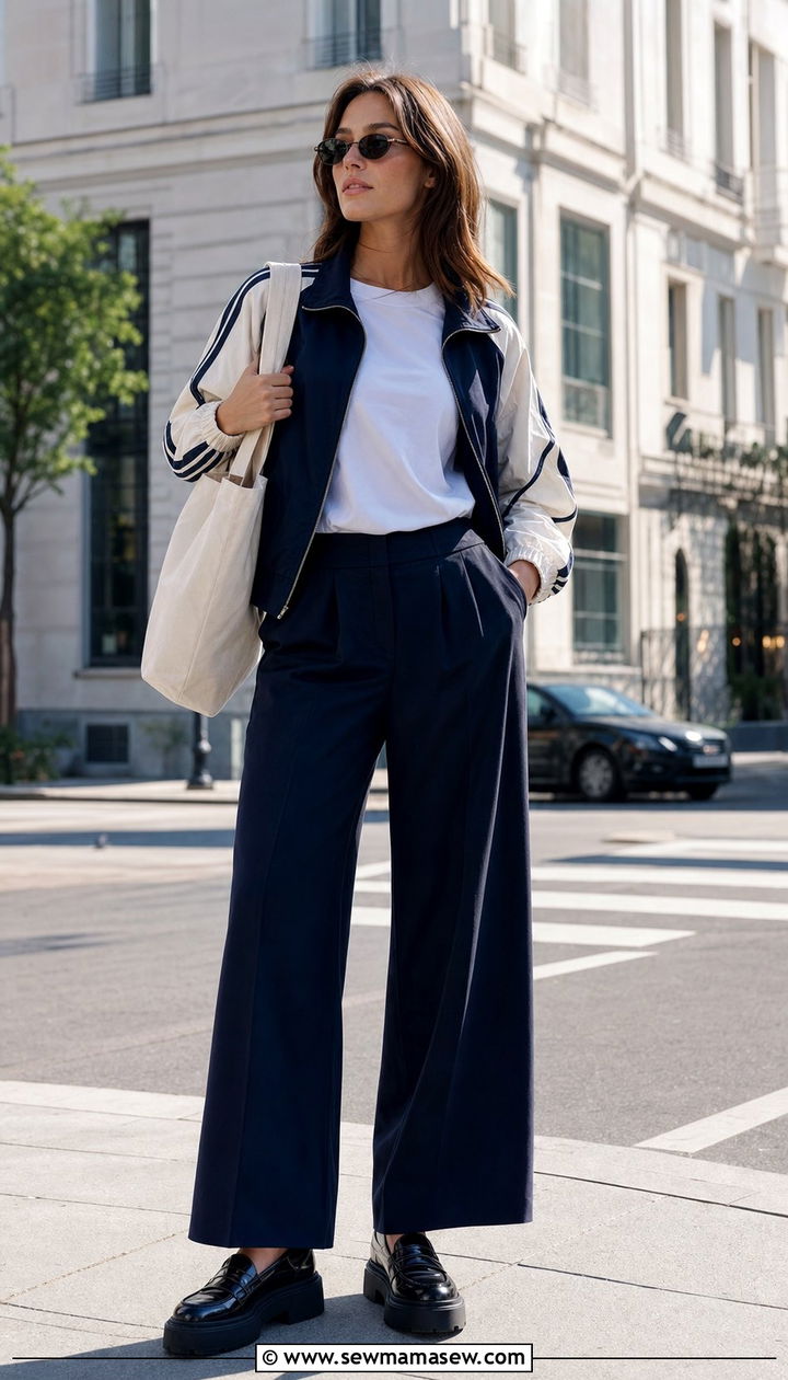Track Jacket With Wide Leg Dress Pants And Loafers - 25 spring business meets athletic outfit ideas