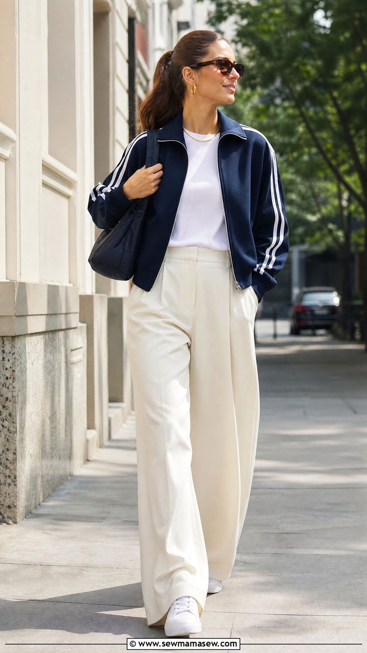 Track Jacket and Wide Leg Pants Combo - 30 classy athleisure outfit ideas
