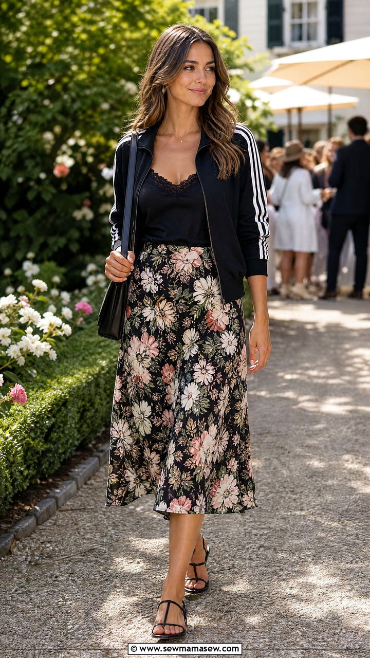 Track Jacket with Floral Midi Skirt and Strappy Sandals - 30 classy sporty chic outfit ideas