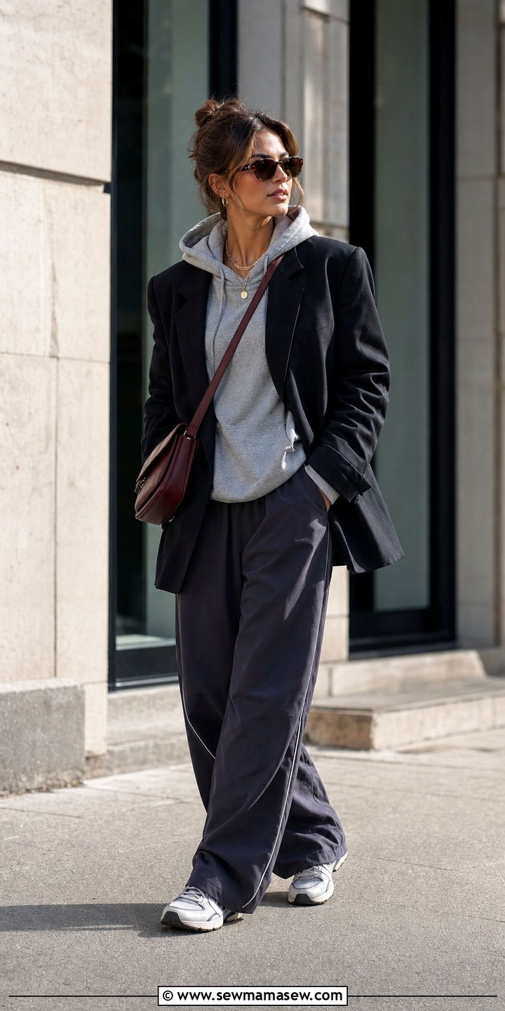 Track Pants With Blazer Over Hoodie And Sneakers - 25 spring track pants outfit ideas