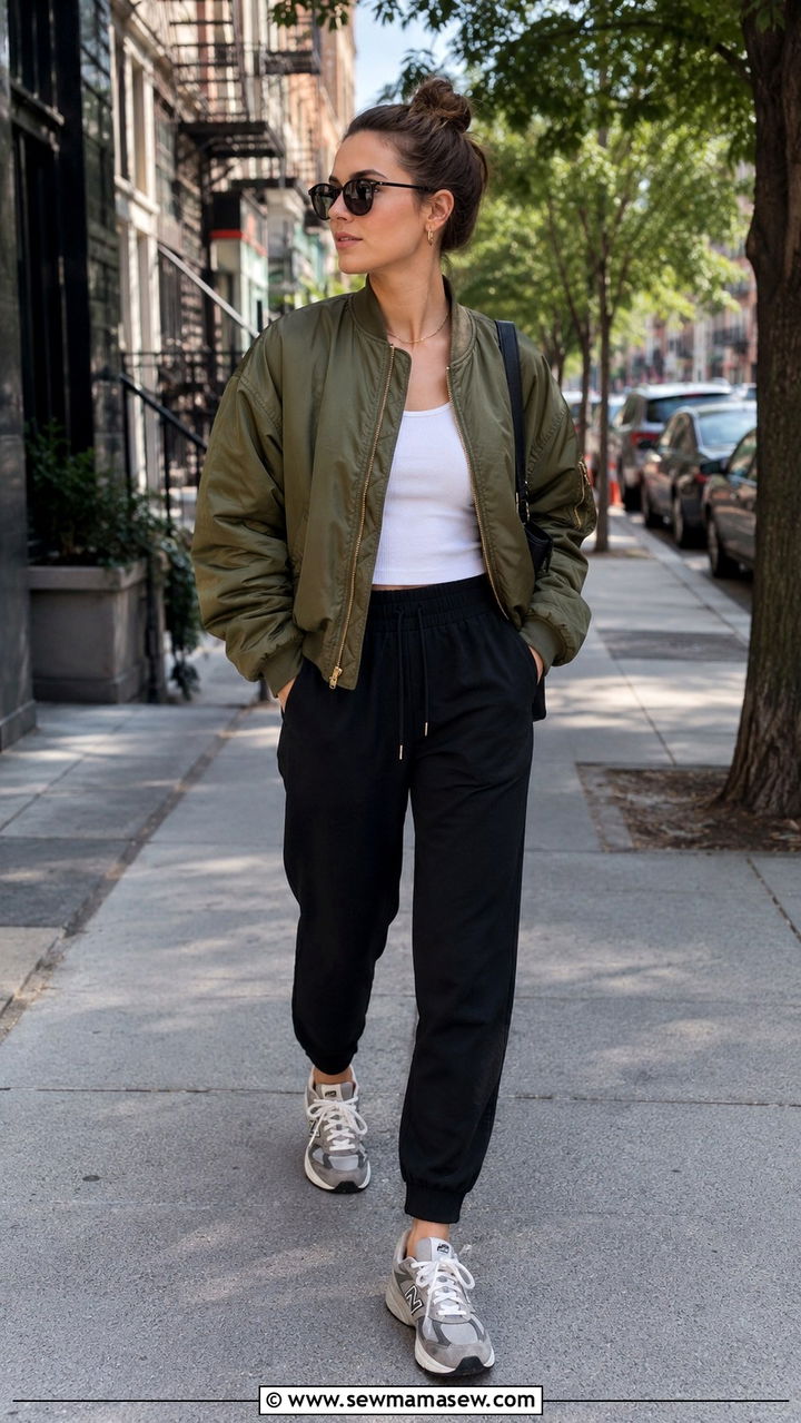 Track Pants With Bomber Jacket And Retro Sneakers - 30 chic track pants outfit ideas