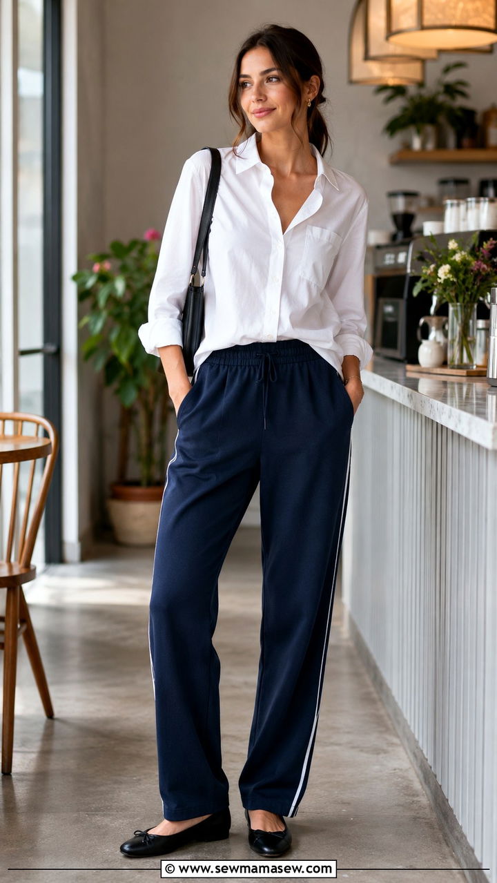 Track Pants With Button Down Shirt And Ballet Flats - 30 chic track pants outfit ideas