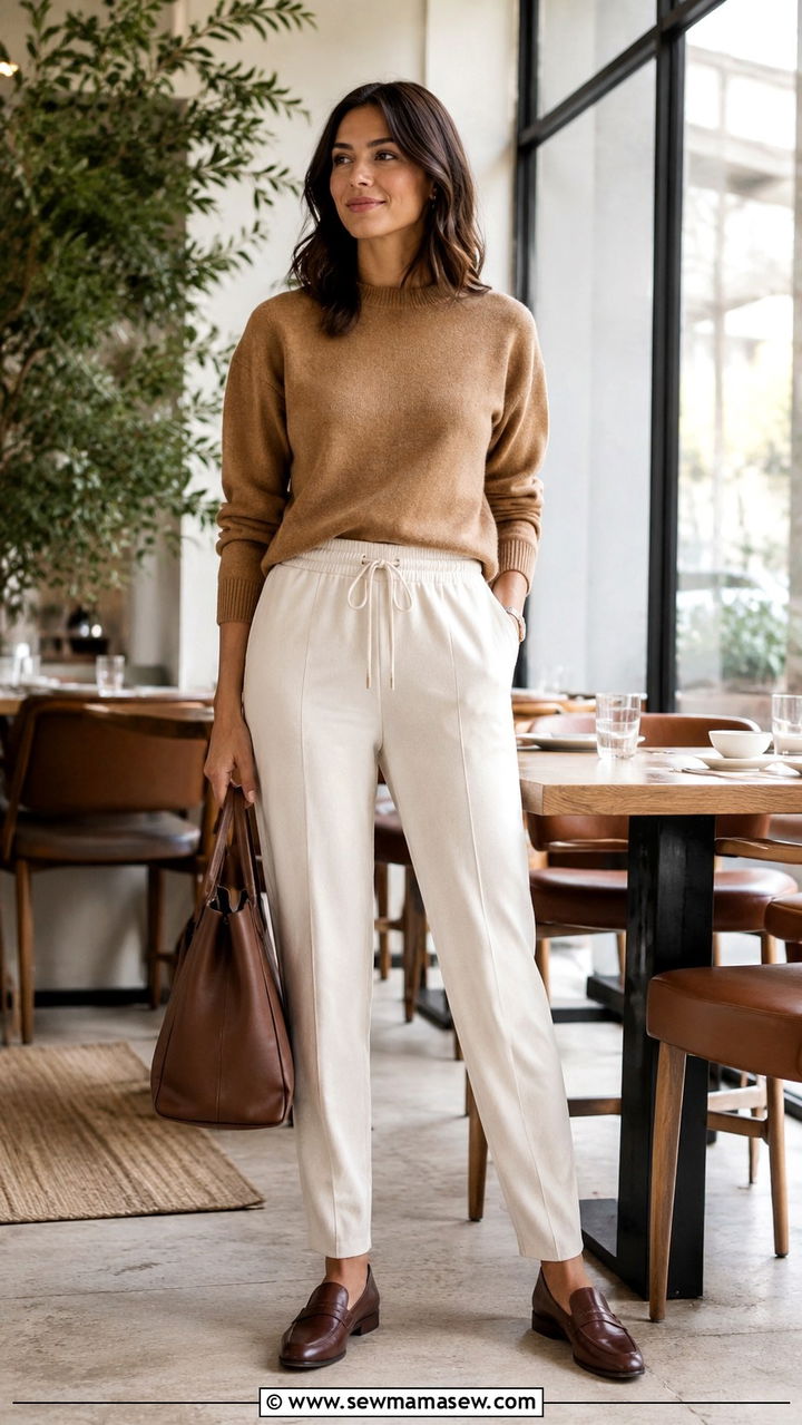 Track Pants With Cashmere Sweater And Leather Loafers - 30 chic track pants outfit ideas