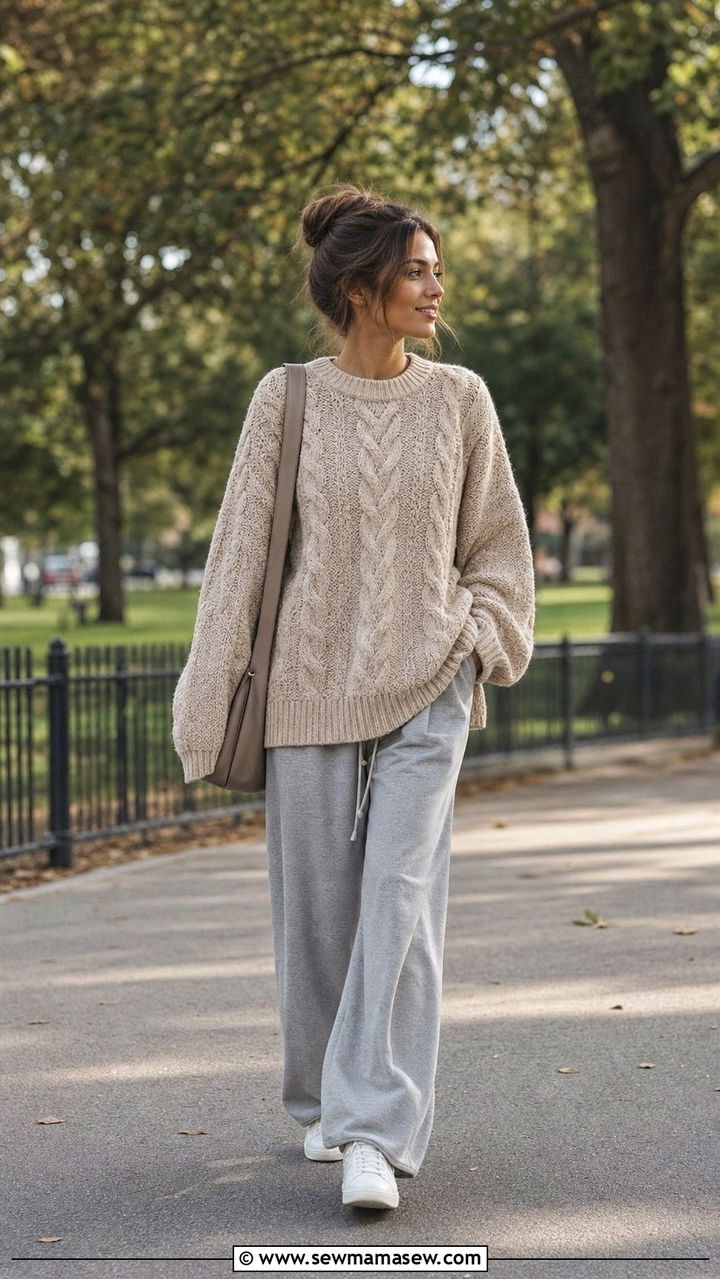 Track Pants With Chunky Knit Sweater And Sneakers - 25 spring track pants outfit ideas