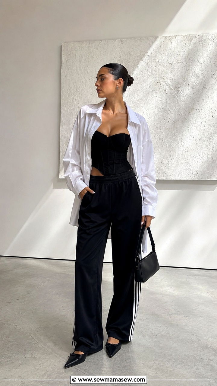 Track Pants With Corset Top And Oversized Shirt - 30 casual track pants outfits