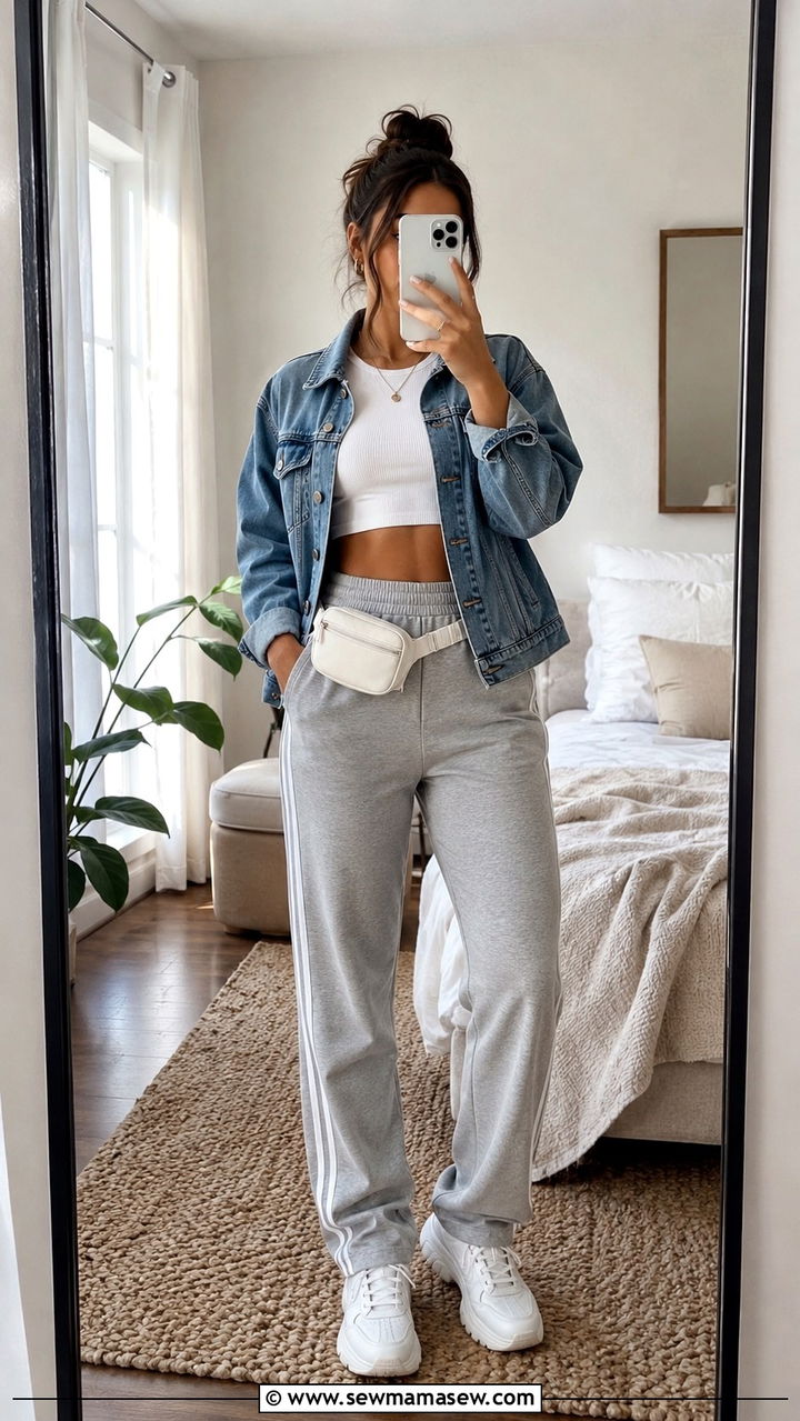 Track Pants With Crop Top And Denim Jacket - 30 casual track pants outfits