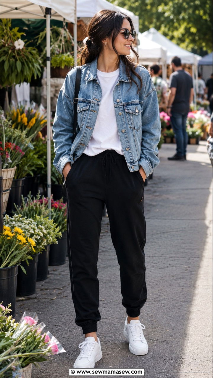 Track Pants With Denim Jacket And White Sneakers - 30 chic track pants outfit ideas