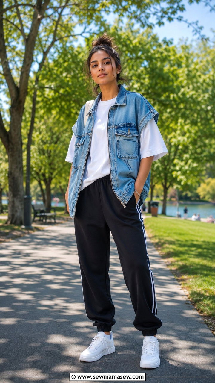 Track Pants With Denim Vest And Sneakers - 30 chic track pants outfit ideas