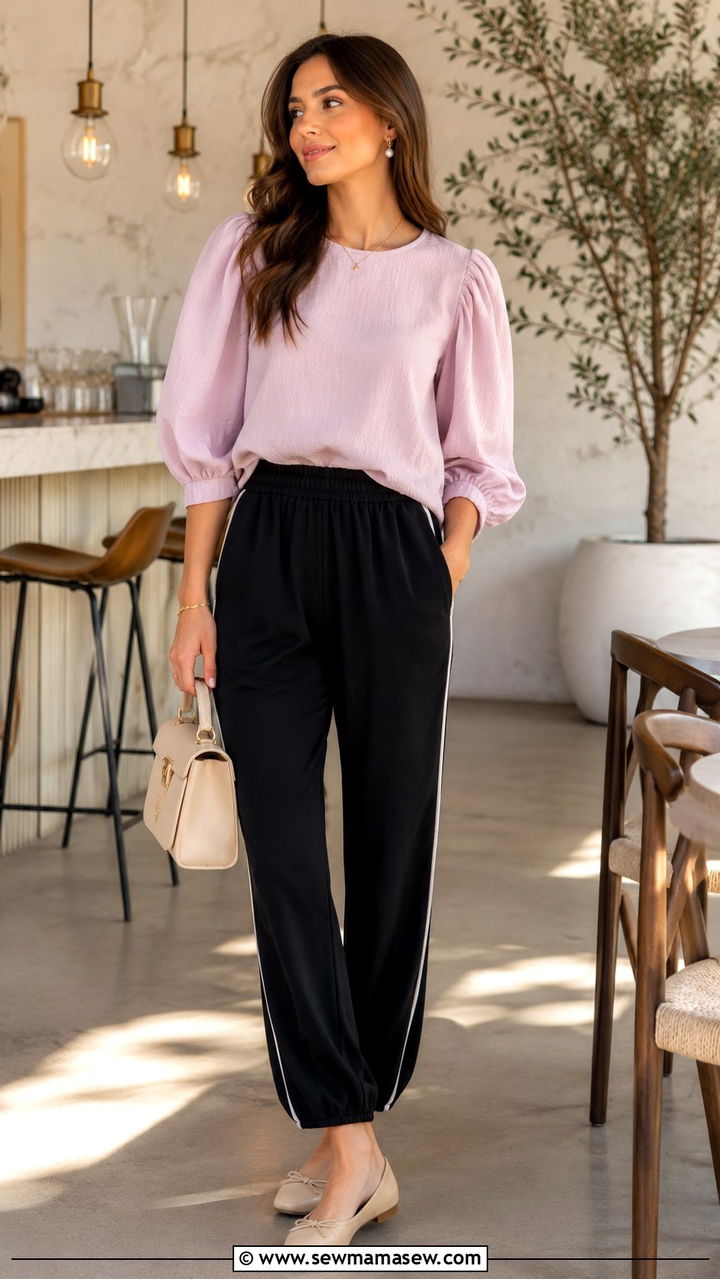 Track Pants With Feminine Blouse And Ballet Flats - 30 casual track pants outfits
