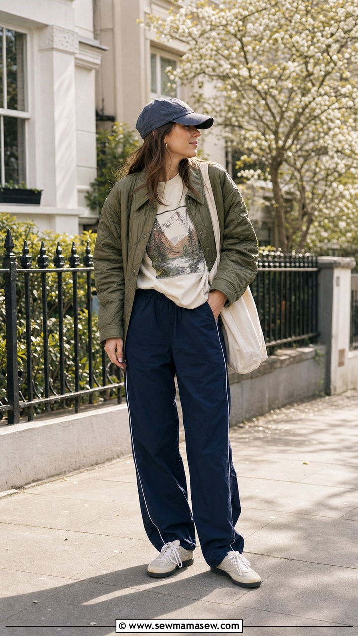 Track Pants With Graphic Sweatshirt And Quilted Jacket - 25 spring track pants outfit ideas