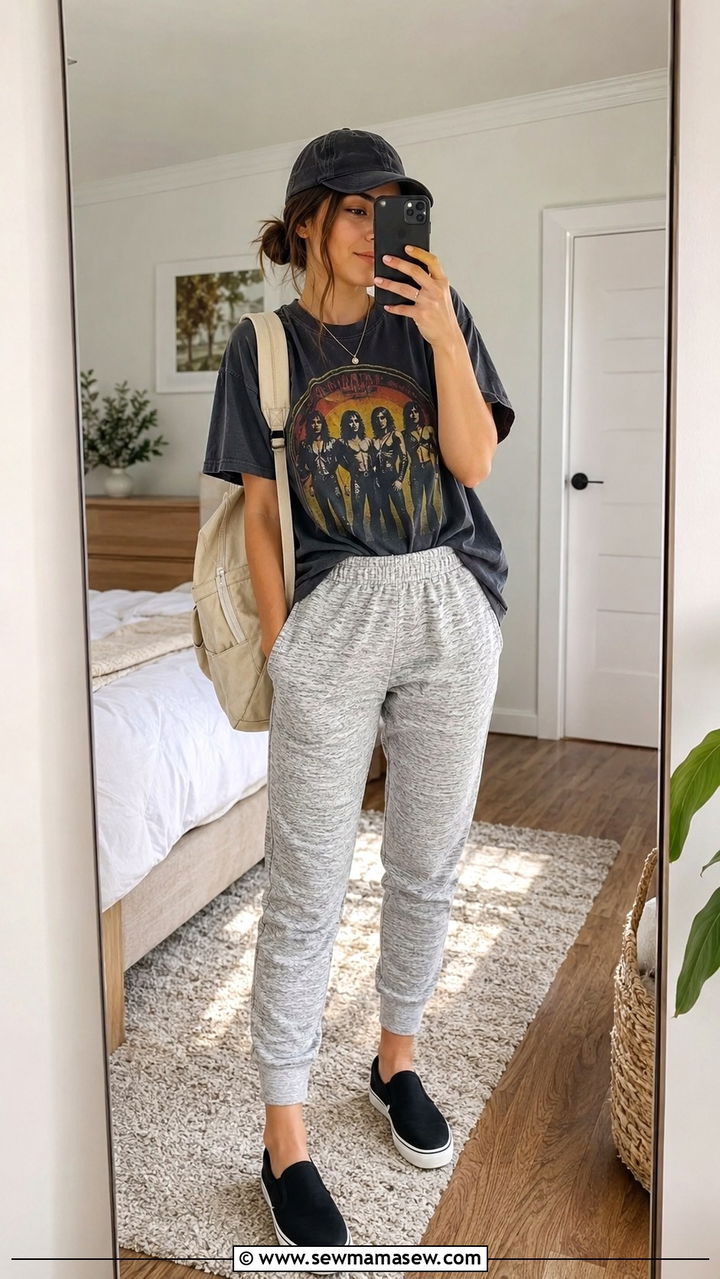 Track Pants With Graphic Tee And SlipOn Sneakers - 30 casual track pants outfits