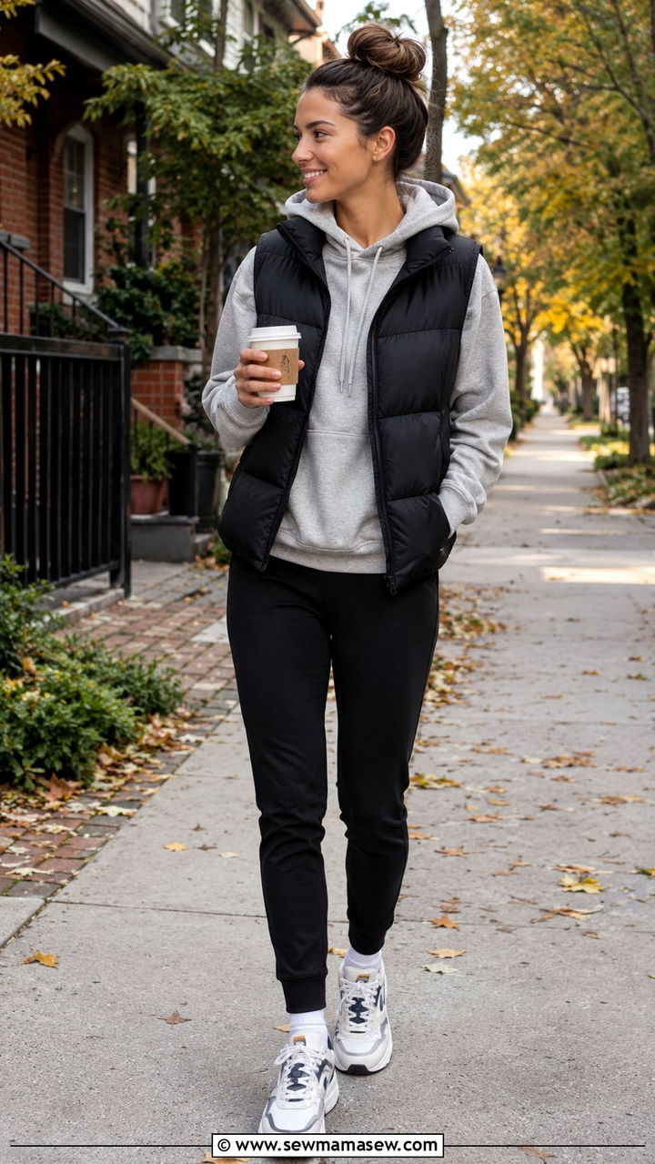 Track Pants With Hoodie And Puffer Vest - 30 chic track pants outfit ideas