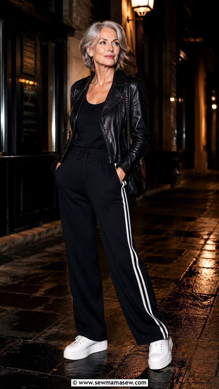 Track Pants With Leather Jacket And Heeled Sneakers Over 50 - 30 Outfit ideas for women over 50 sporty chic