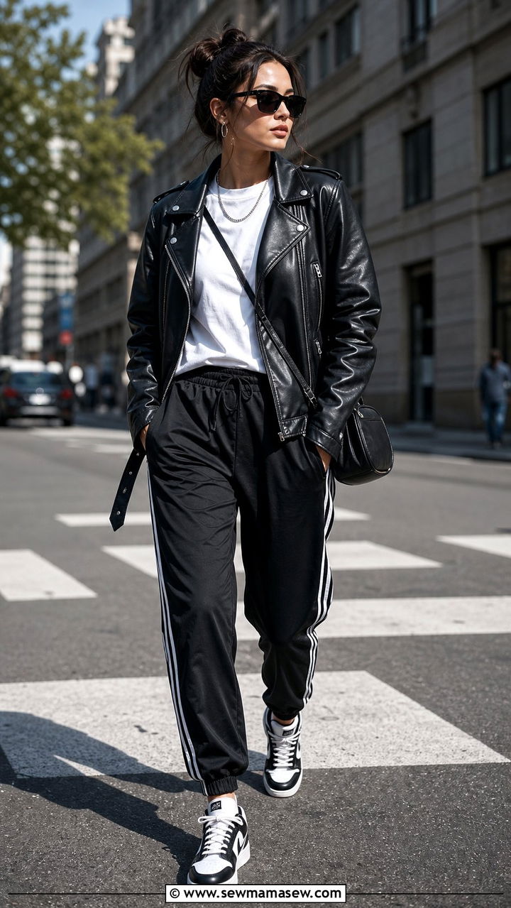 Track Pants With Leather Jacket And White Tee - 25 spring track pants outfit ideas