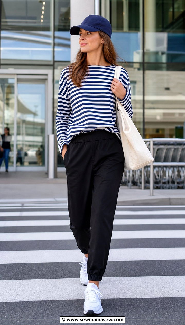 Track Pants With Nautical Striped Shirt And Baseball Cap - 25 Emma Chamberlain spring outfit ideas