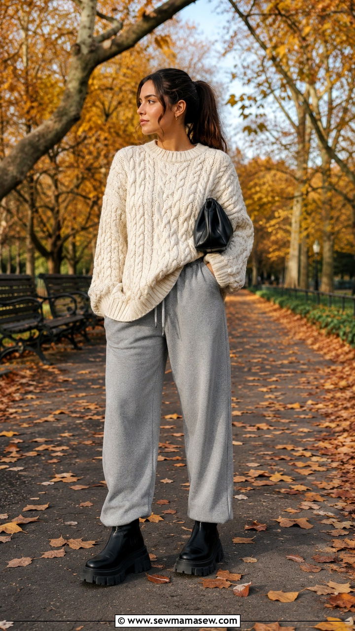Track Pants With Oversized Sweater And Chunky Boots - 30 chic track pants outfit ideas