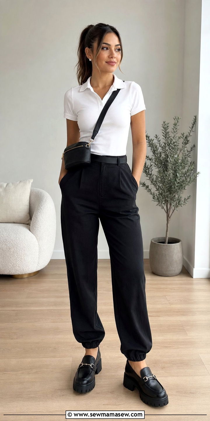 Track Pants With Polo Shirt And Platform Loafers - 25 spring track pants outfit ideas