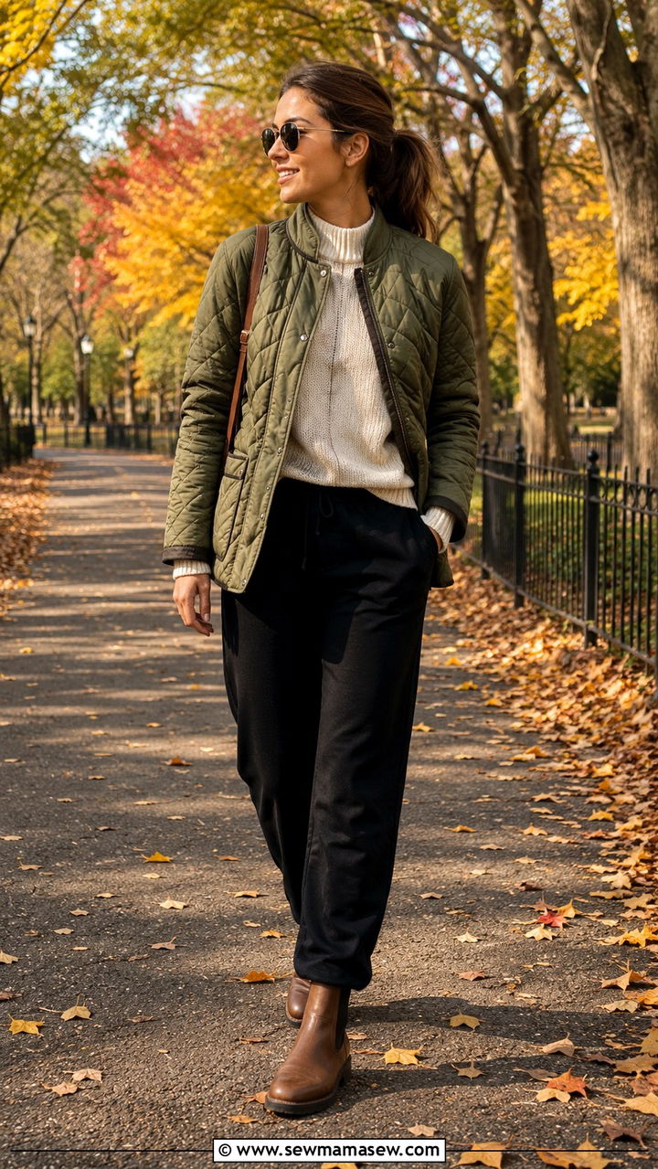 Track Pants With Quilted Jacket And Chelsea Boots - 30 chic track pants outfit ideas