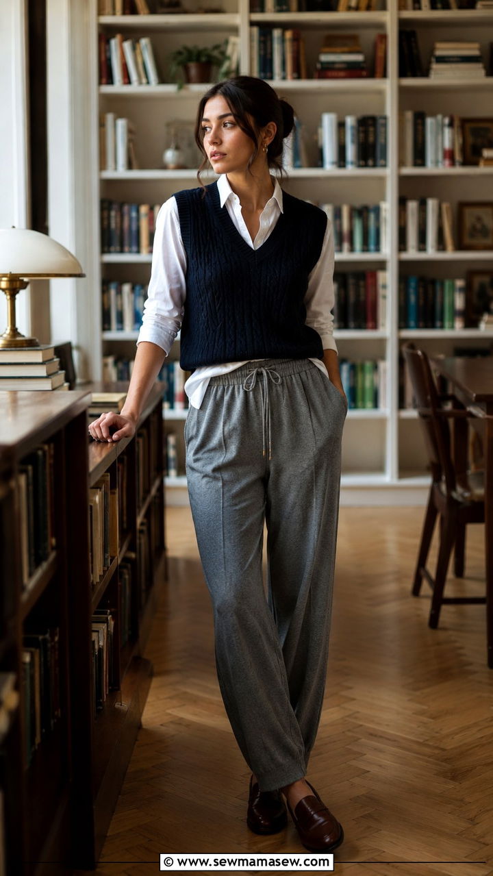 Track Pants With Sweater Vest And Loafers - 30 chic track pants outfit ideas