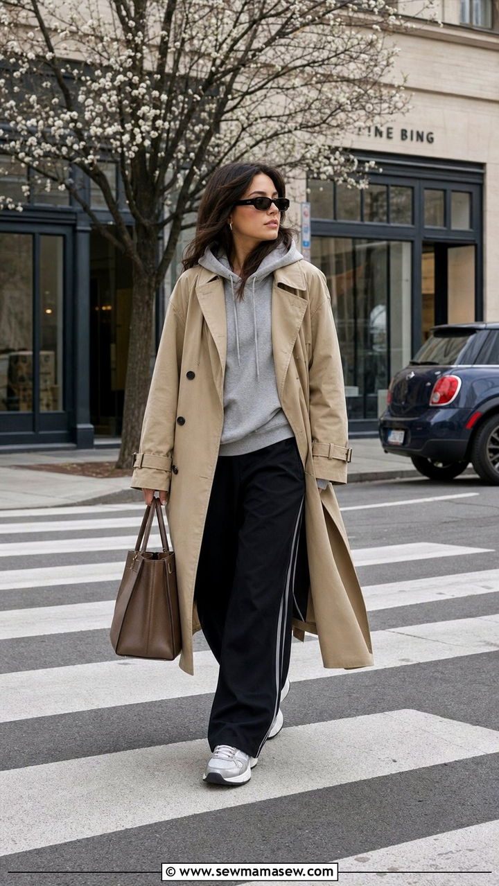 Track Pants With Trench Coat And Hoodie - 25 spring track pants outfit ideas