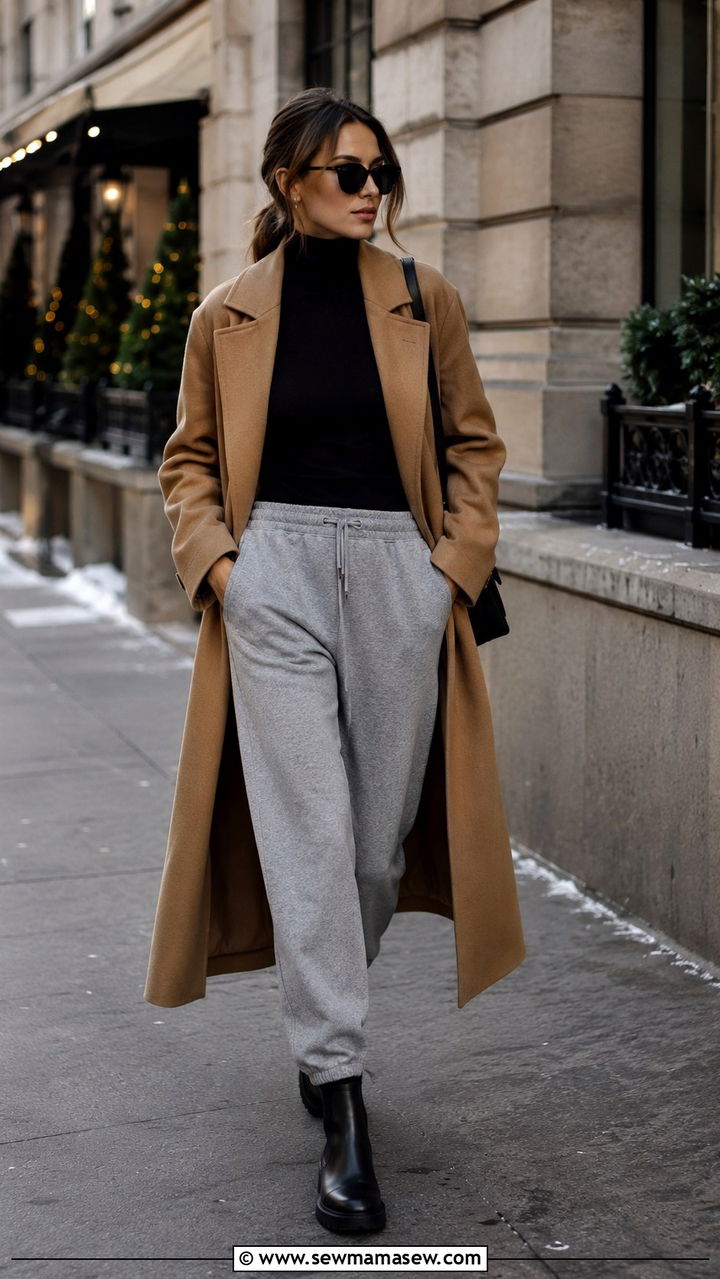 Track Pants With Turtleneck And Long Coat - 30 chic track pants outfit ideas