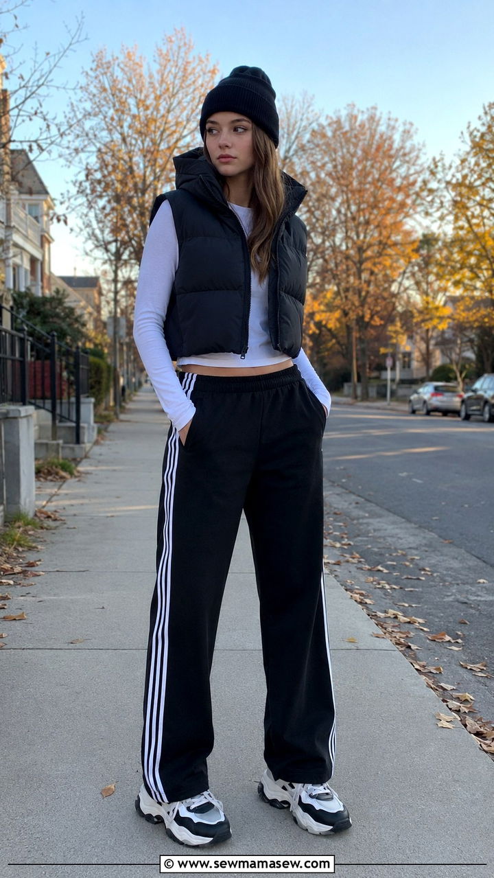 Track Pants and Cropped Puffer Vest - 30 Trendy outfits for 17 year olds