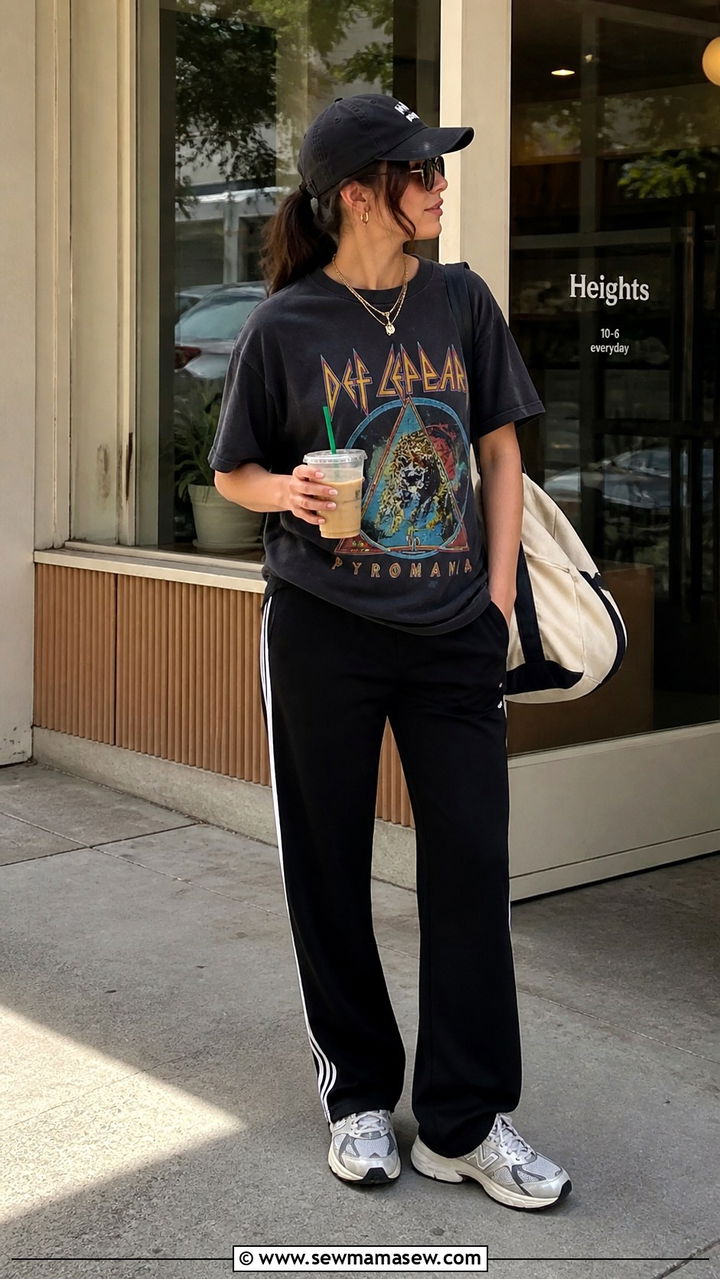 Track Pants and Graphic Tee with Chunky Sneakers Outfit - 40 running errands outfit ideas